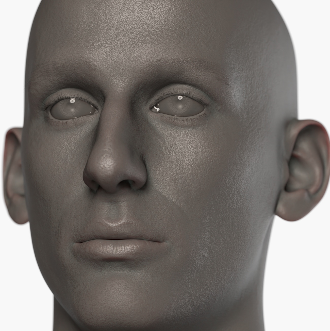 Clay render of a lean male head 3D scan showing fine skin pore and surface detail captured via photogrammetry